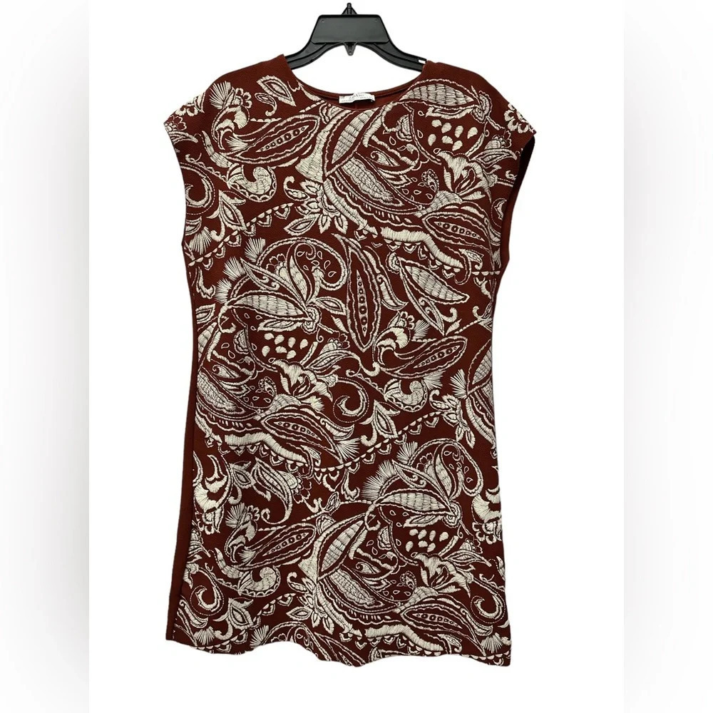 Zara Embroidered Shift Dress Brown And Cream Size Medium
